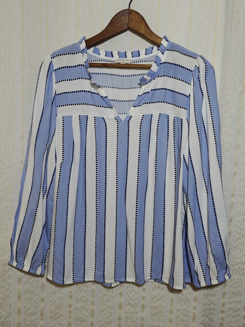 Talbots Blue and White Vertical Stripe Peasant Blouse Size M